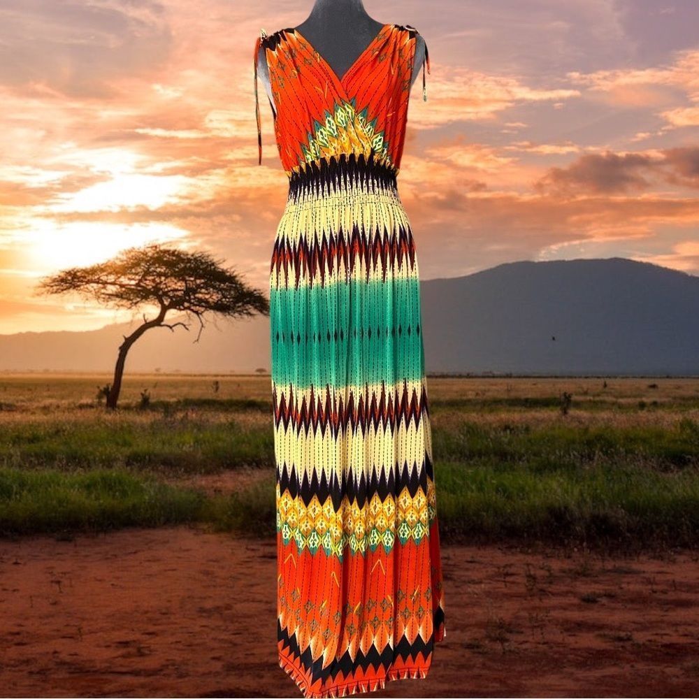 Ace Serengeti sunset palette stretch waist accommodates many sizes v neck & back